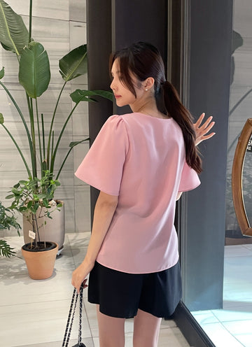 Eju Round Ribbon Strap Short Sleeve Blouse